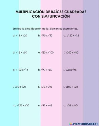 Multiplicación de raíces  cuadradas usando simplificación