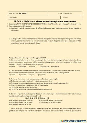 Níveis de organização dos seres vivos