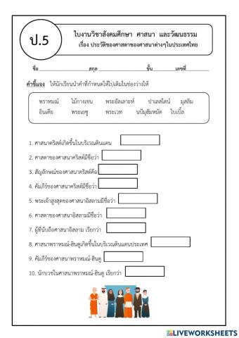ใบงานประวัติของศาสดาของศาสนาต่างๆในประเทศไทย