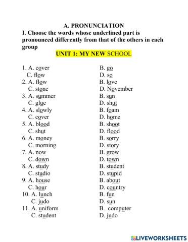 Test lớp 6 PRONUNCIATION unit 1