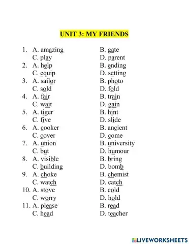 Test Lớp 6 PRONUNCIATION unit 3