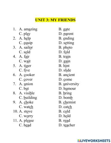 Test Lớp 6 PRONUNCIATION unit 3