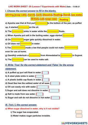 Worksheet No- 29 Experiments with water