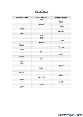 3 columns of irregular verbs
