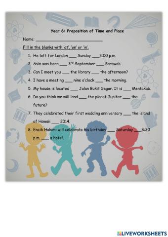 Year 6 Preposition of Time and Place