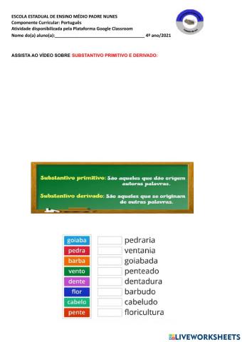 Substantivo primitivo e derivado