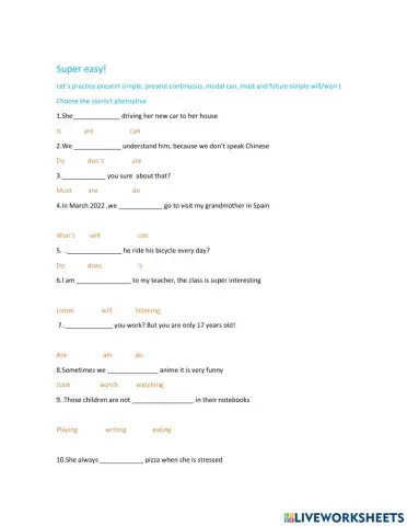 Easy practice on presnt, can, must and will