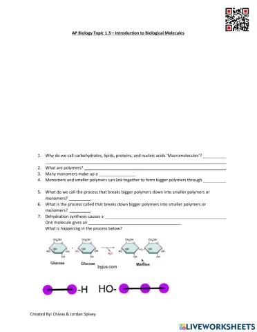 AP Biology Topic 1.3 - Introduction to Biological Molecules