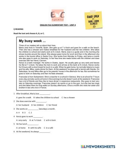 English File Elementary 4th Edition - Unit 4 Test