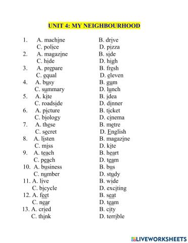 Test Lớp 6 PRONUNCIATION unit 4