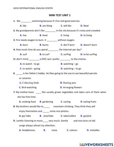 Mini test Unit 1 -Grade 7