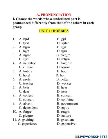 Test lớp 7 PRONUNCIATION unit 1