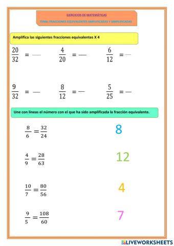 Ejercicios con fracciones equivalentes  amplificadas y simplificadas