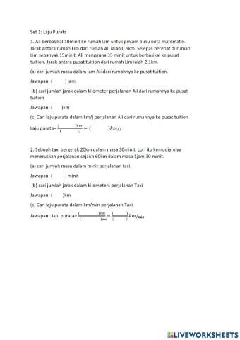 Laju purata worksheet 1