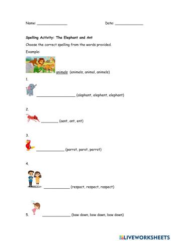 Spelling Activity Elephant And Ant Story