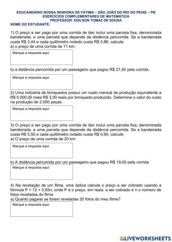 Atividade sobre função do 1º grau