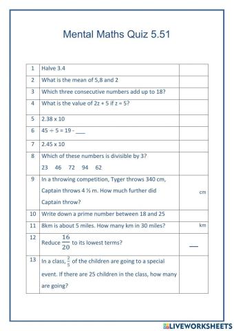 Mental Maths 5.51