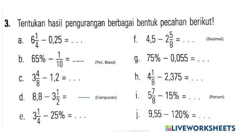 Latihan 2 pengurangan berbagai pecahan
