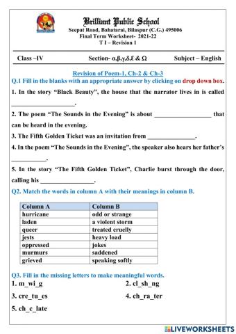 Class 4  T1 revision of ch-1, 2 & 3