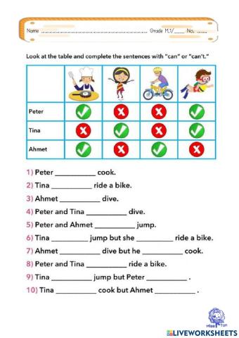 Complete the xentences with -can- or -can't-.