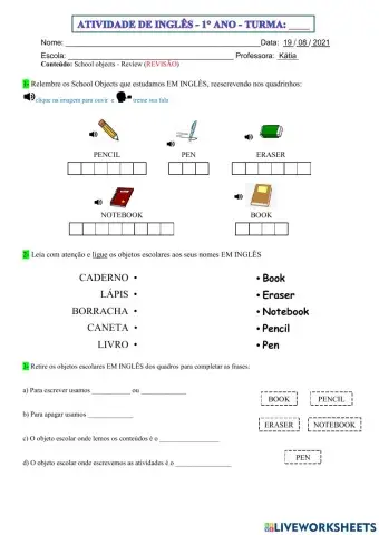 1° ano - INGLÊS - school objects - 19-08-21