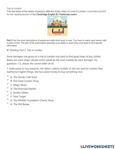 Level B1 (PET) Trip to London Reading Part 2