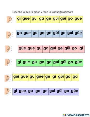 Escritura de palabras con ga, gue, gui, go, gu, ge, gi
