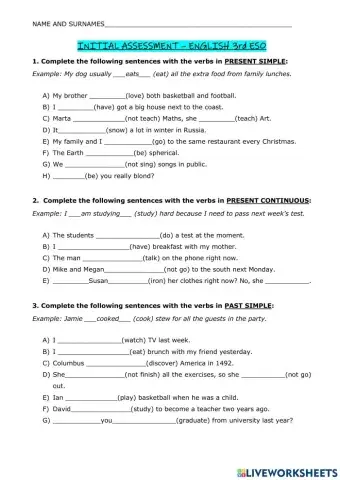 Initial assessment level test 3eso