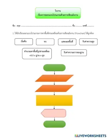 ใบงาน : การออกแบบโปรแกรมด้วยการเขียนผังงาน