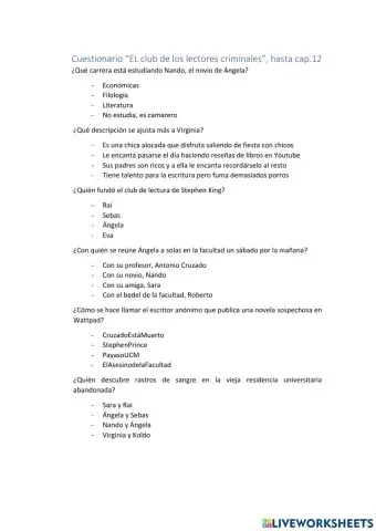 Cuestionario -El club de los lectores criminales- Capítulos 1-12