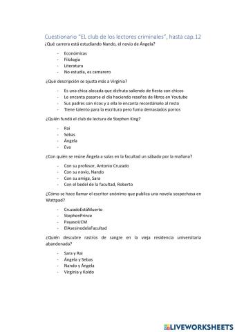Cuestionario -El club de los lectores criminales- Capítulos 1-12