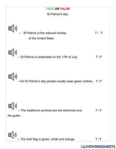 St Patrick's day - true - false