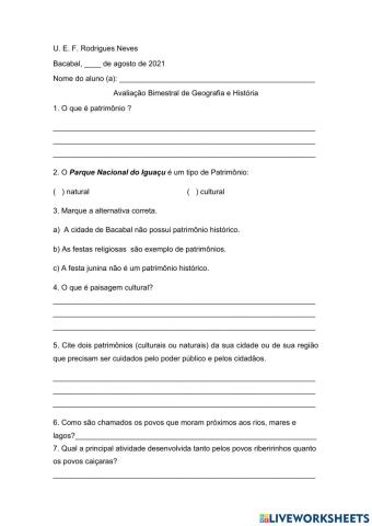 AVALIAÇÃO DE Geografia e História