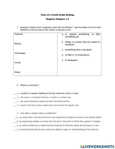 Tales of a Fourth Grade Nothing Chapters 1-2 Quiz