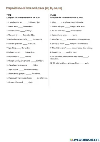 Prepositions of Time and Place (at, in, on, to)