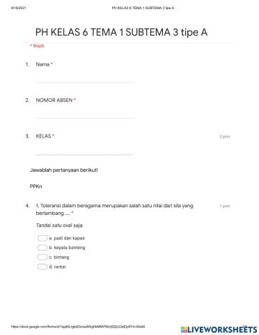 Penilaian harian Tema 1 subtema 3