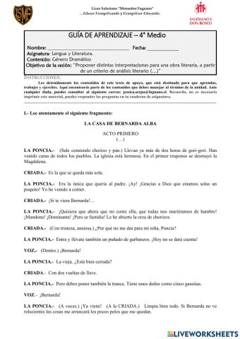 Guía de aprendizaje - La casa de Bernarda Alba