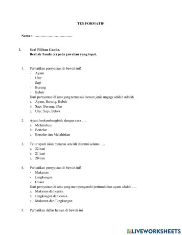 Tes Formatif Tema 1 Subtema 3 pertumbuhan hewan