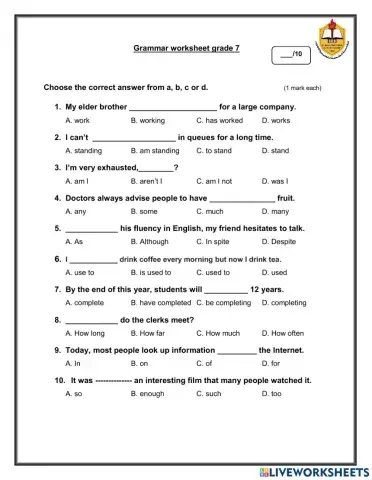 Grammar worksheet grade 7