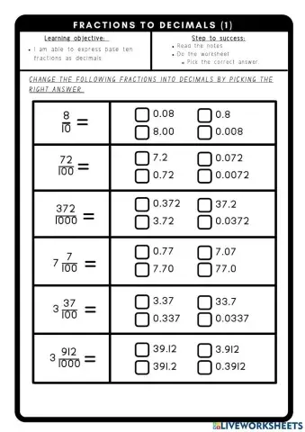 Fractions to decimals (1)