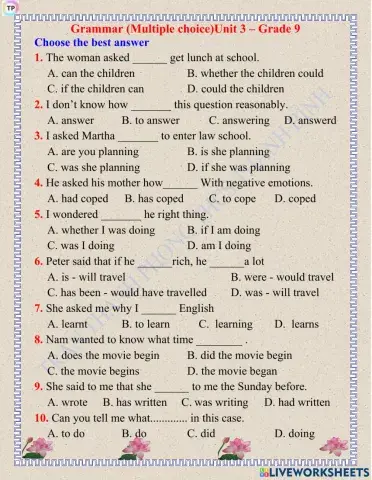 Grammar 1 (Multiple choice)Unit 3 – Grade 9