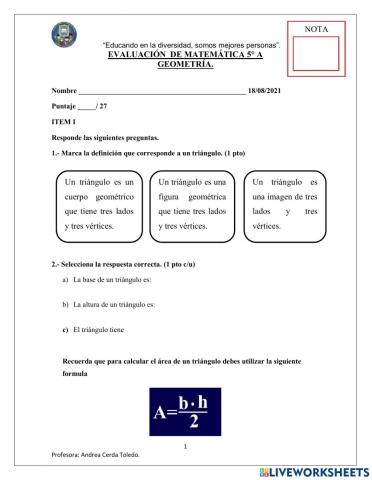 Evaluación matemática 5° a