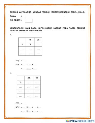 Tugas 7Matematika : FPB dan KPK (KD3.6 - Teknik sengkedan)