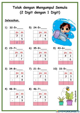 Tolak dengan Mengumpul Semula (2 Digit dengan 1 Digit)