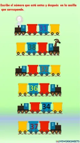Escribe el número que está antes y después en la casilla que corresponde.