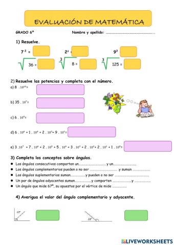 Evaluación de Matemática 6° Raíces y potencias