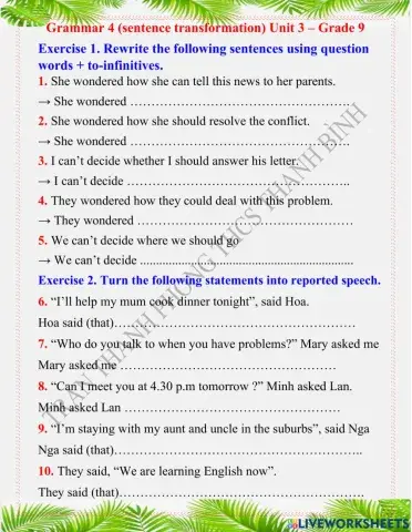 Grammar 4 (sentence transformation) Unit 3 – Grade 9