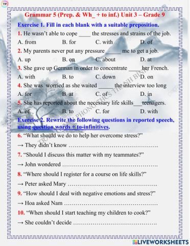 Grammar 5 (Prep. & Wh- + to inf.) Unit 3 – Grade 9