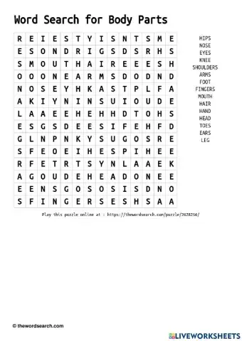 WordSearch of Human Body Parts