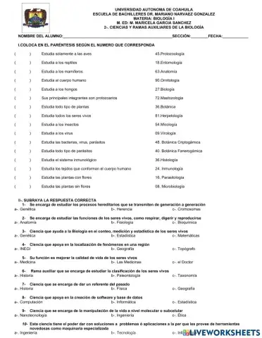 Ciencias y ramas auxiliares de la biología